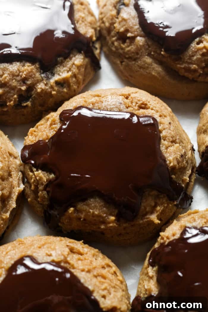 Close-up of baked sourdough chocolate chip cookies showing pools of melted chocolate.