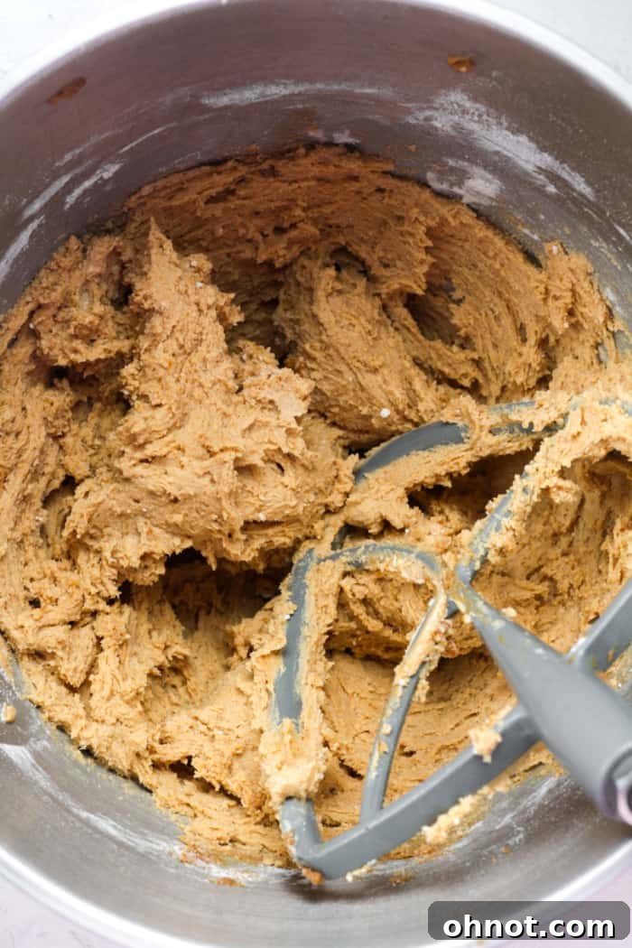 Thick, shaggy sourdough cookie dough forming in a stand mixer bowl.