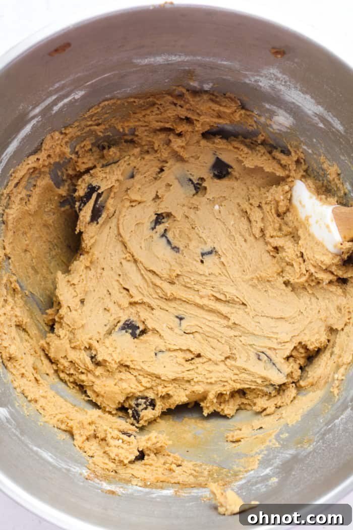 Very thick cookie dough with chocolate chunks folded in, ready for scooping.
