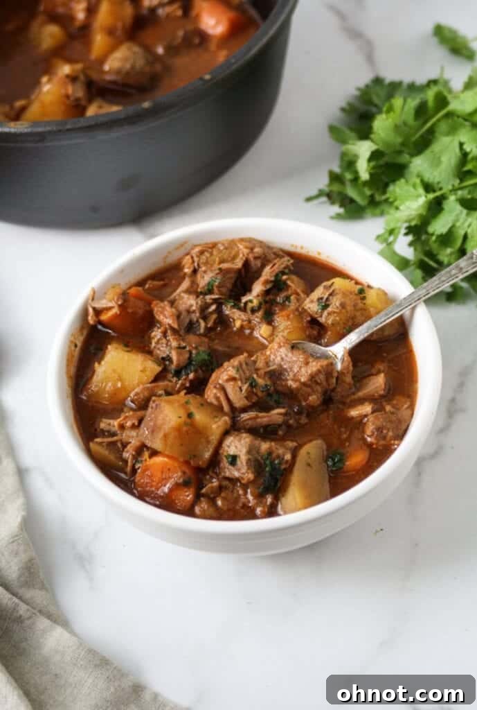 A bowl of Whole30 compliant soup with tender meat and hearty vegetables.