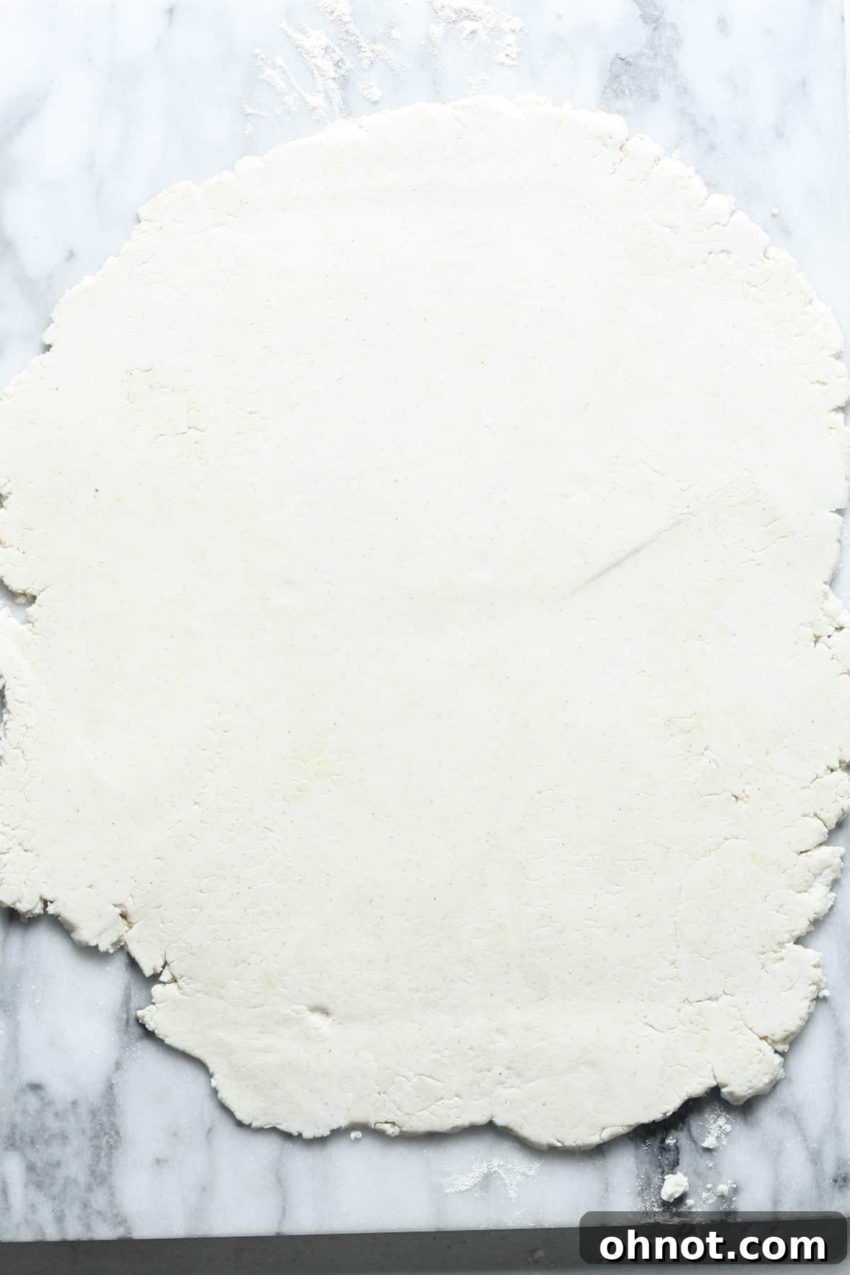 The sourdough pizza dough rolled out into a neat, even circle, ready for the skillet.