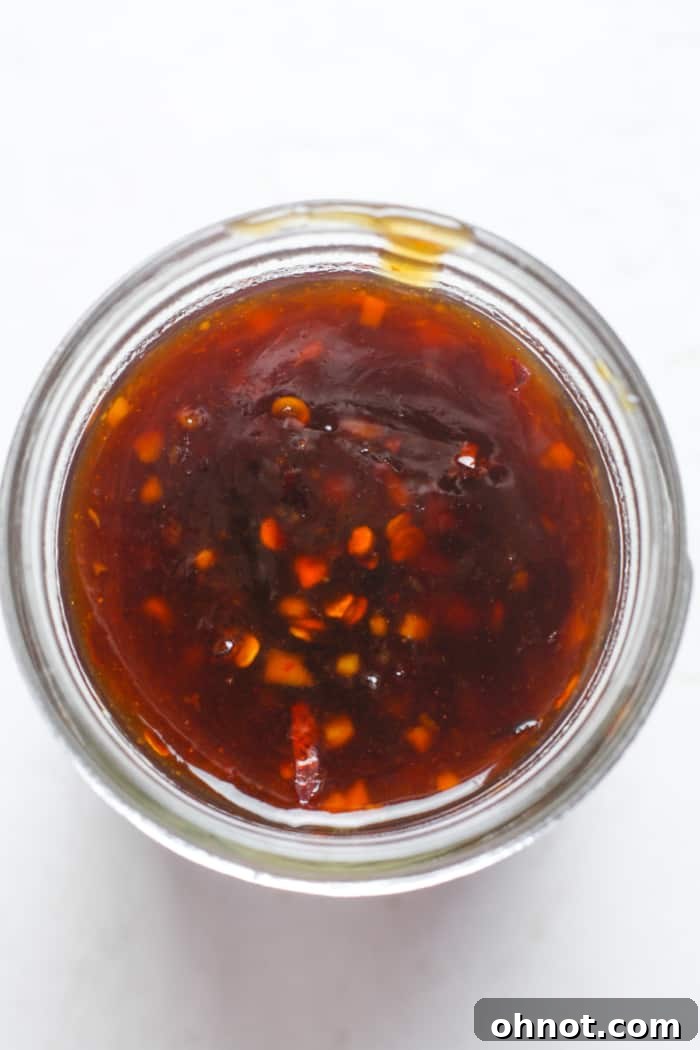The finished Korean BBQ sauce, cooled and stored in a clear glass jar.