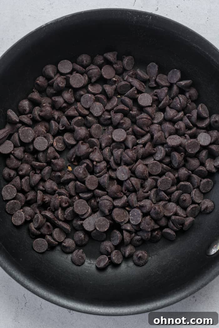 Chocolate chips in skillet.