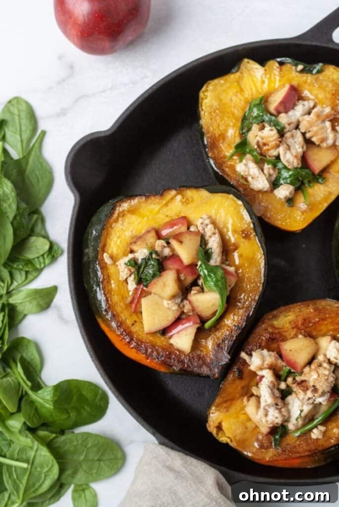 Delicious Paleo stuffed acorn squash with apples and savory sausage, ready to be enjoyed.