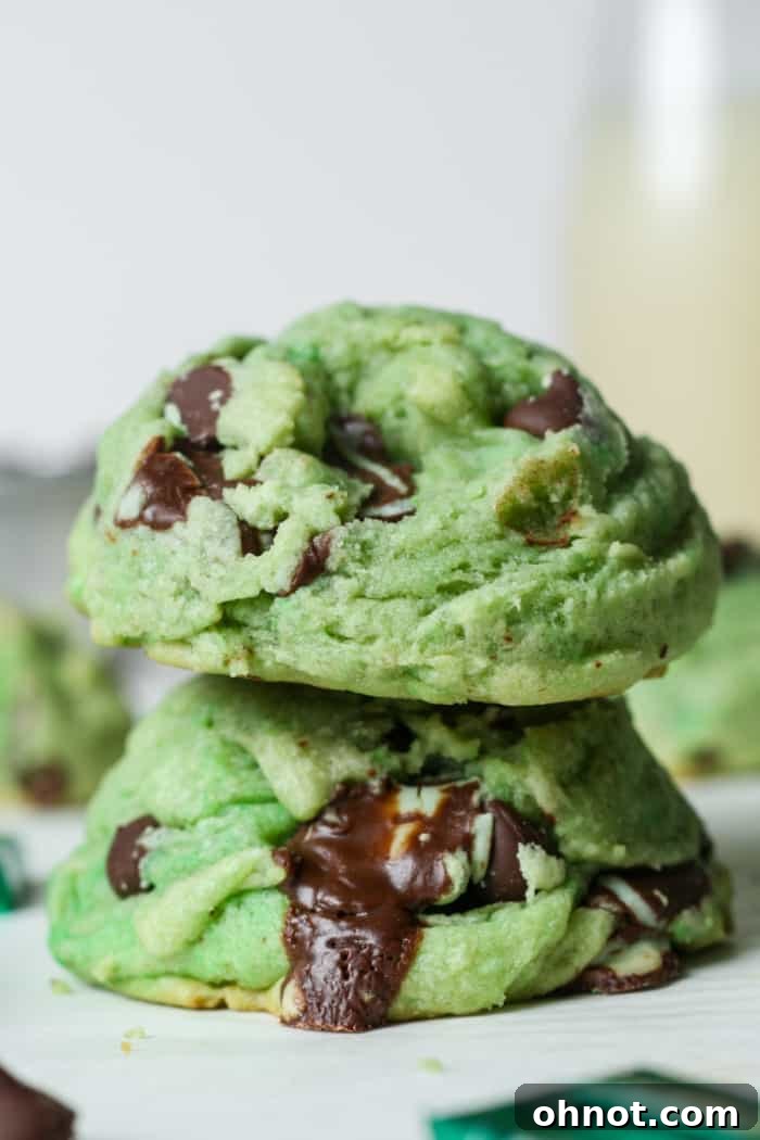Stack of mint chocolate chip cookies.