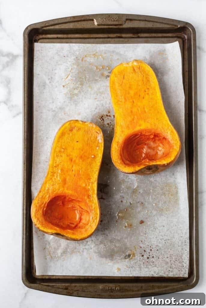 Perfectly oven-roasted butternut squash, golden-brown and tender.
