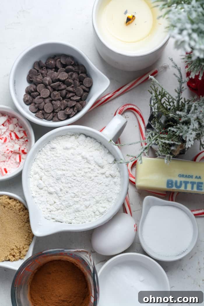 Ingredients for chocolate peppermint cookies laid out on a table, including flour, sugar, butter, and candy canes.