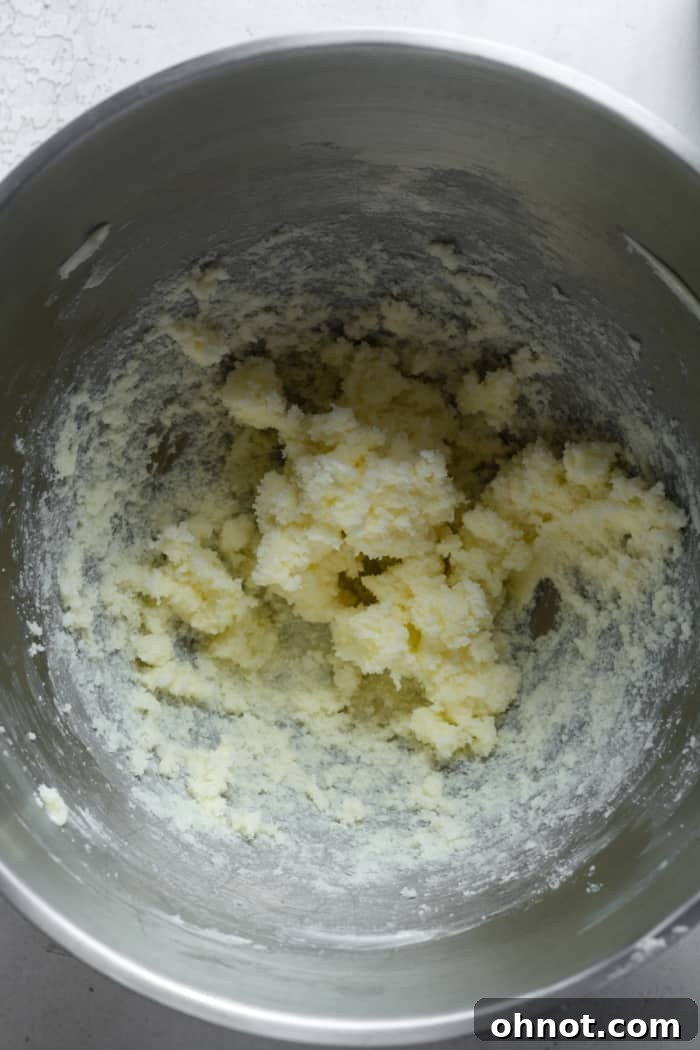 Cold butter and monk fruit sweetener being creamed together in a stand mixer bowl.
