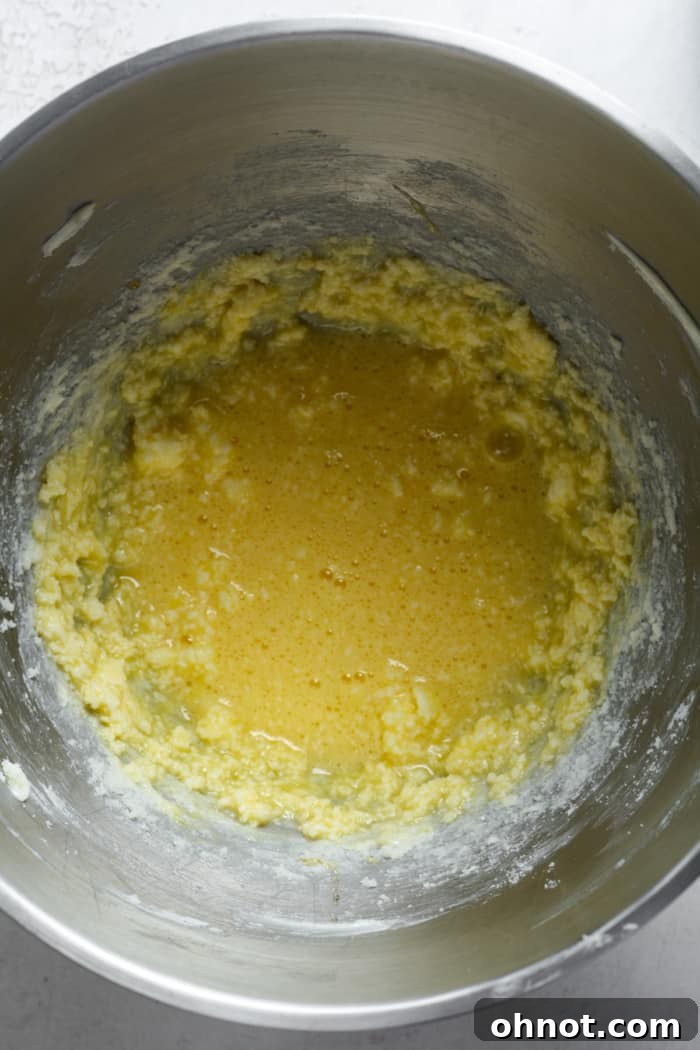 Sugar-free cookie dough with vanilla and eggs added, ready for dry ingredients.