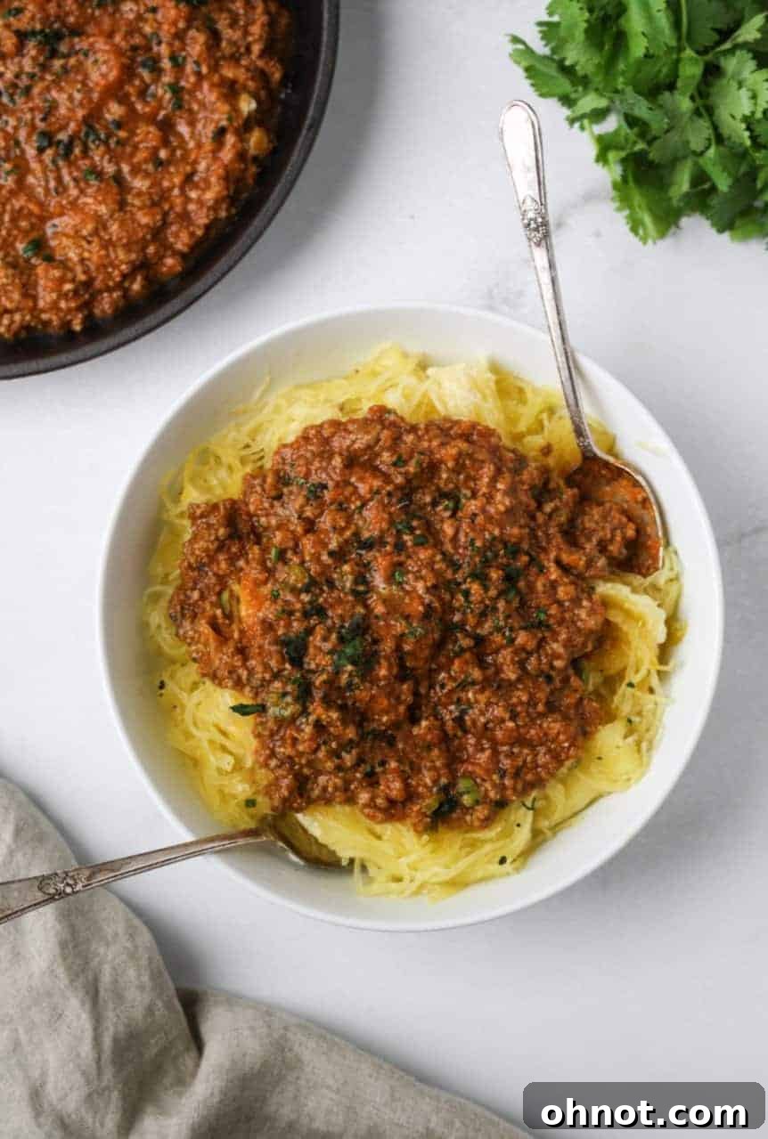 A close-up of the finished spaghetti squash and meat marinara dish, ready to be eaten.