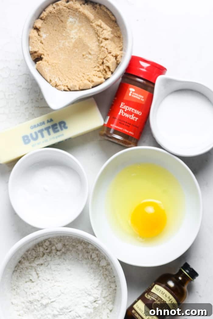 Ingredients for espresso cookies. Bowls of flour, sugar, espresso powder, and other ingredients.