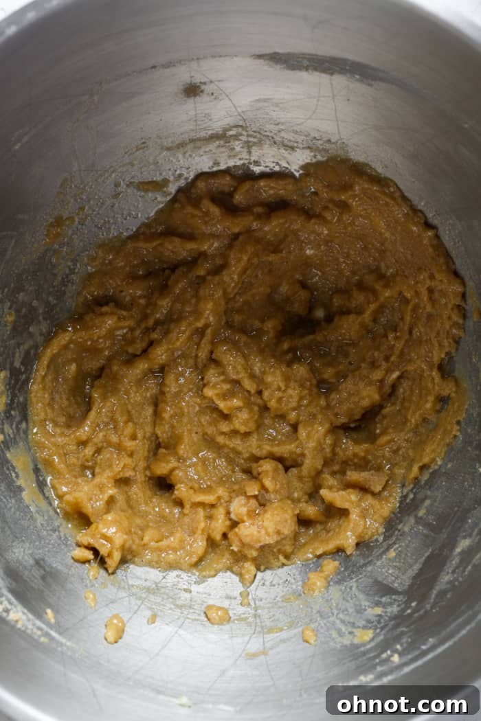 Gooey cookie dough with spices. A creamy, wet cookie dough mixture after adding egg and vanilla.