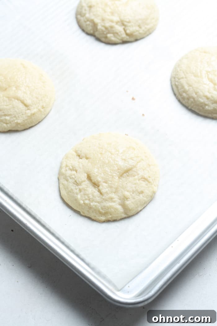 Freshly baked vegan sugar cookies on a baking sheet.