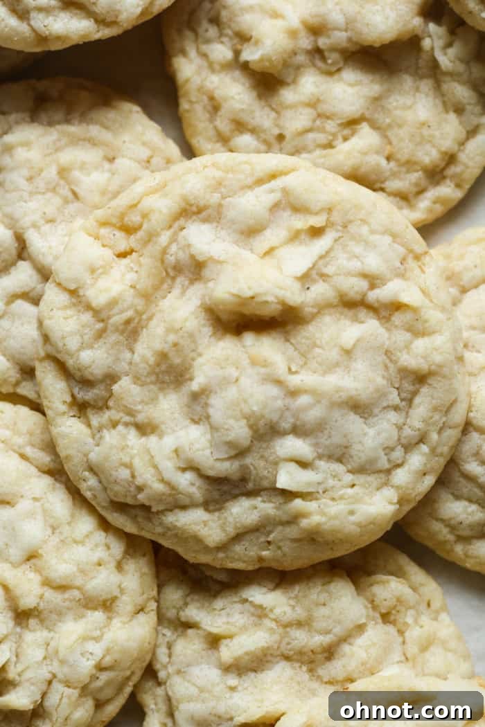 Freshly baked golden-brown coconut cookies on a cooling rack, showcasing their slightly chewy edges and soft centers.