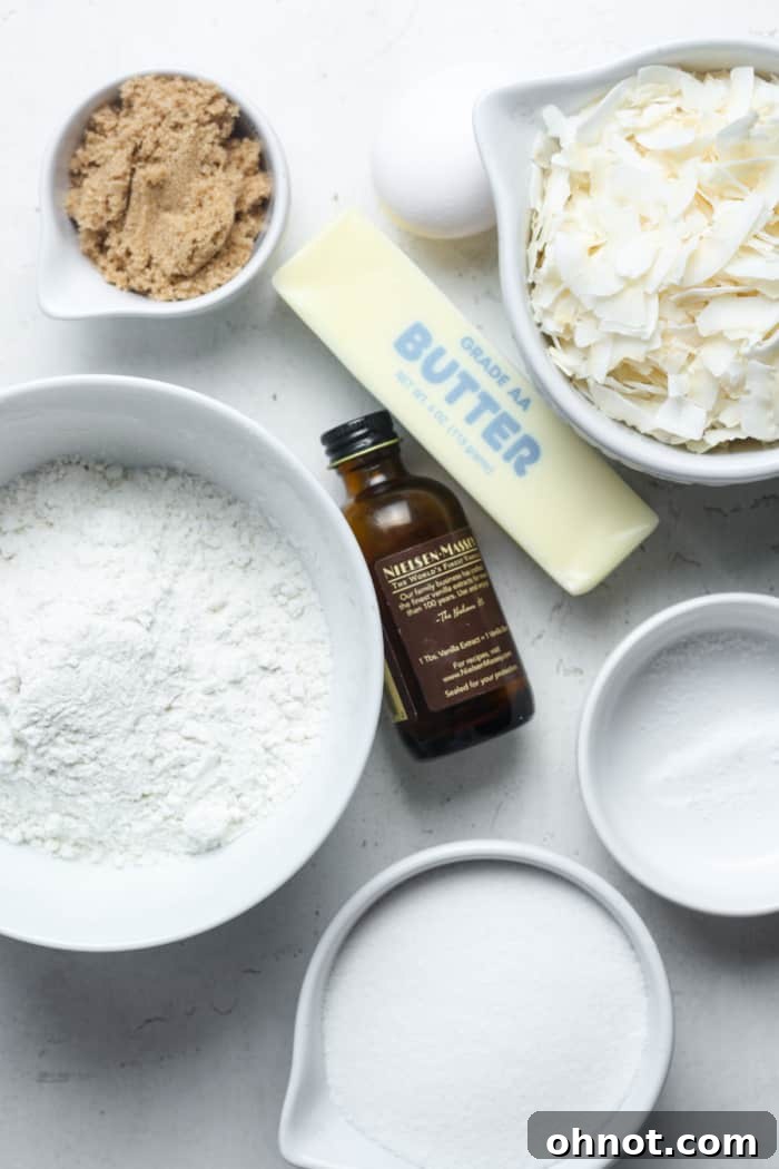 A selection of ingredients for baking coconut cookies, including butter, sugars, eggs, flour, and coconut flakes, neatly arranged.
