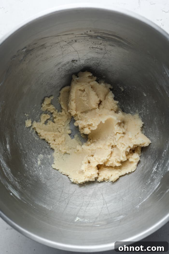 Close-up of white sugar and softened butter being creamed together in a stand mixer bowl, illustrating the initial mixing step.