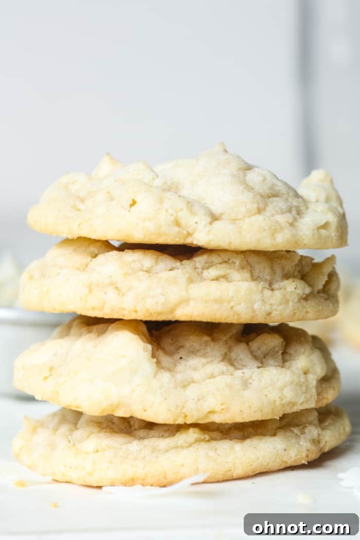 A stack of golden-brown coconut cookies, perfectly baked and ready to be enjoyed, highlighting their appealing texture.