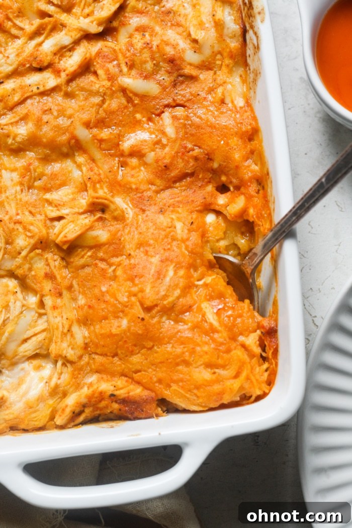 Delicious and healthy Buffalo Chicken Spaghetti Squash casserole, freshly baked and ready to serve, showcasing vibrant colors.