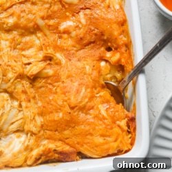 Buffalo chicken spaghetti squash casserole, top view, in a serving dish.