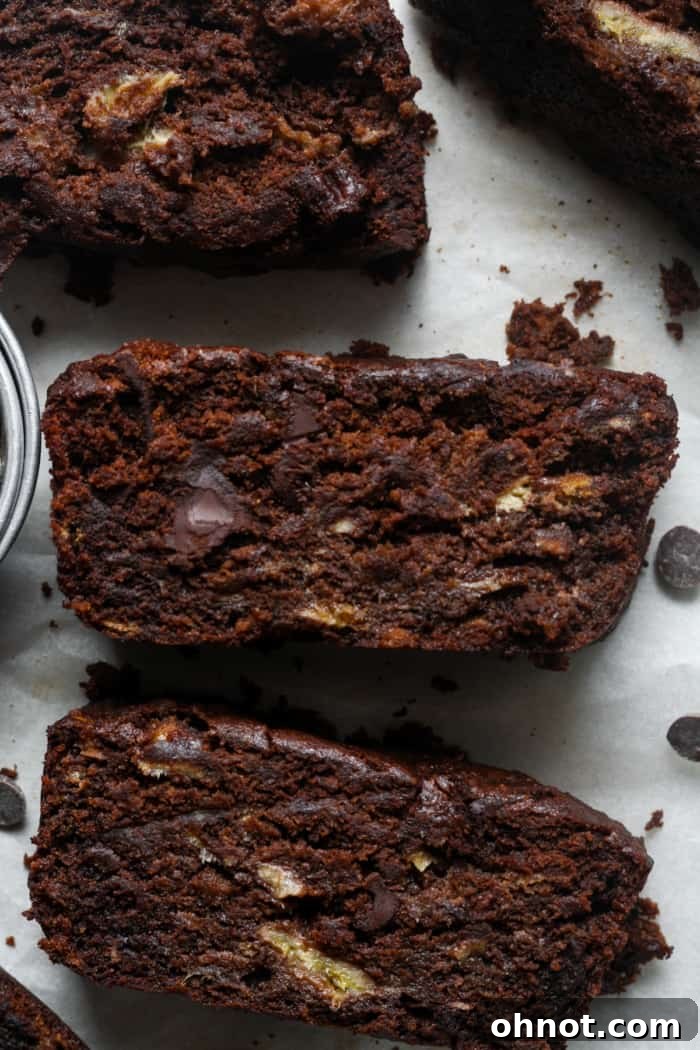 Slices of quick chocolate bread.