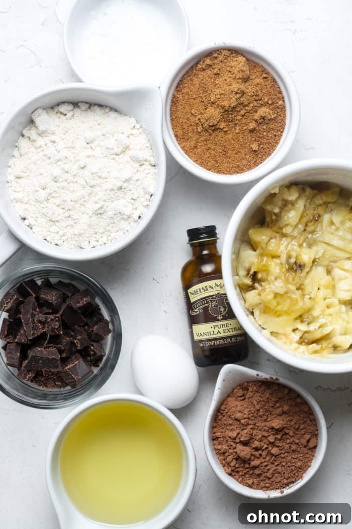 Ingredients for chocolate banana bread.