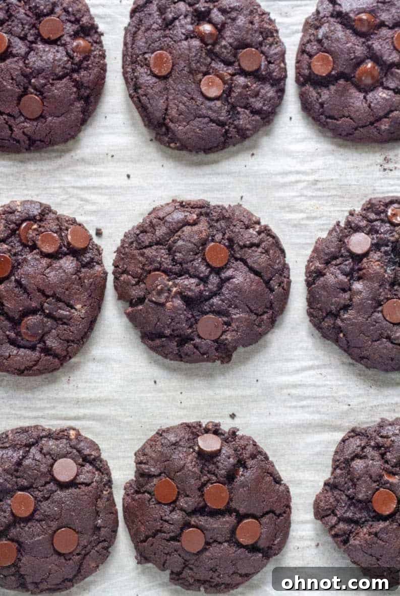 Warm Double Chocolate Cookies cooling on a rack, freshly baked and ready to be enjoyed as a paleo, gluten-free, and dairy-free treat.