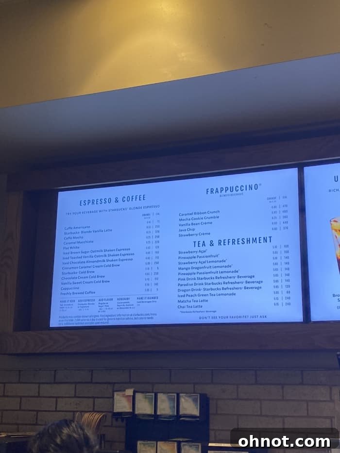 A comprehensive view of the Starbucks menu board.