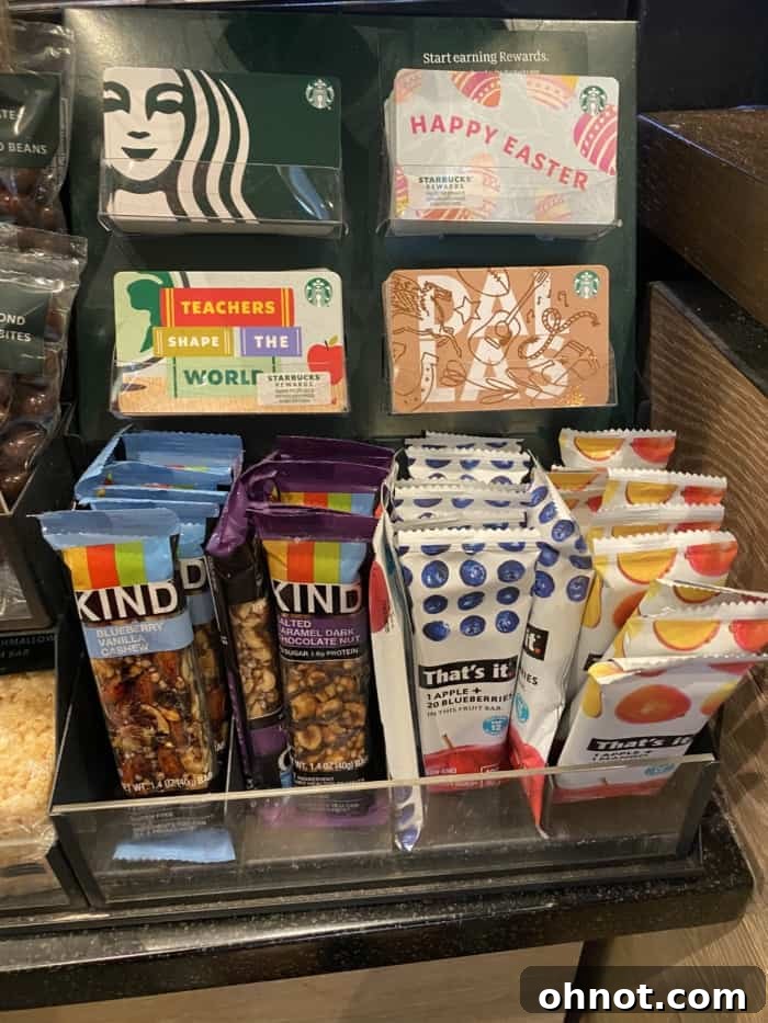 An assortment of gluten-free snacks available at Starbucks.