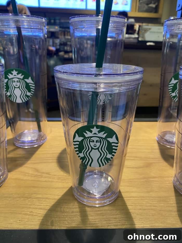 A stylish glass coffee cup, representing the enjoyment of Starbucks beverages.