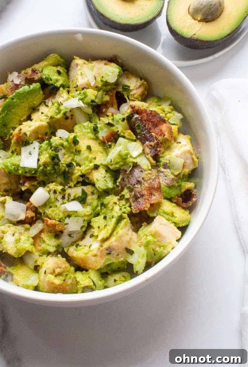 Close-up of ingredients for Whole30 Avocado Chicken Salad