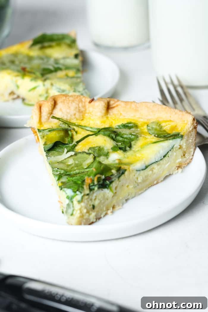 Another appealing slice of egg quiche, showing the light, fluffy texture of the filling and the crisp crust.