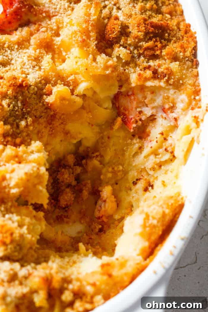 A close-up of the cheesy lobster bake in a dish, showcasing the rich texture and golden crust.