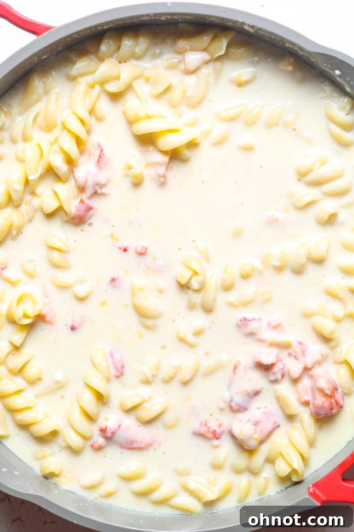 Cooked pasta and tender lobster chunks being mixed into the creamy cheese sauce in a skillet.