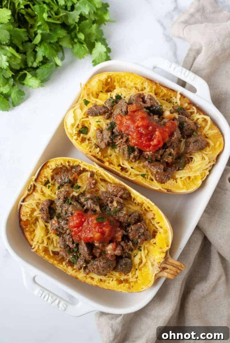 Assembled Taco Stuffed Spaghetti Squash with fresh cilantro garnish, ready to serve.