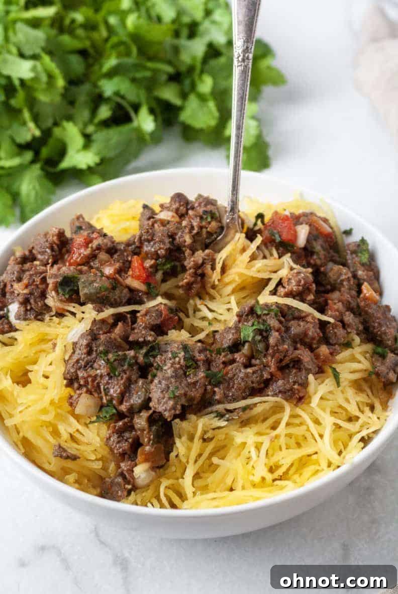 Close-up of a serving of Taco Stuffed Spaghetti Squash, garnished with cilantro, showcasing the textures and vibrant colors.