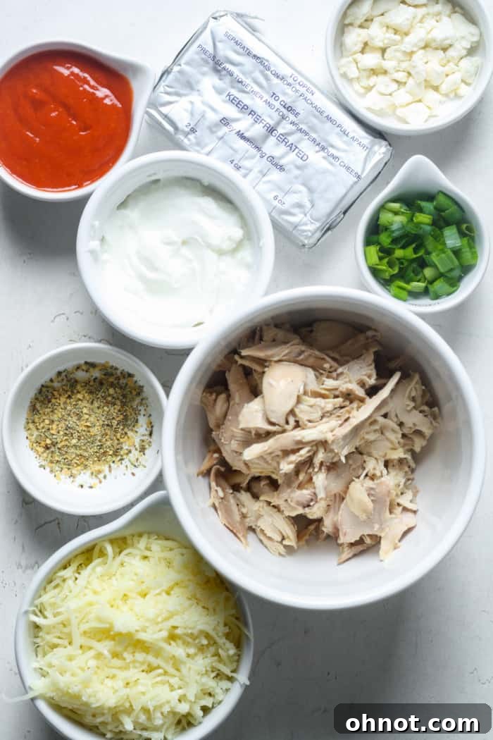A vibrant selection of ingredients for keto buffalo chicken dip, neatly arranged on a countertop, ready for preparation.