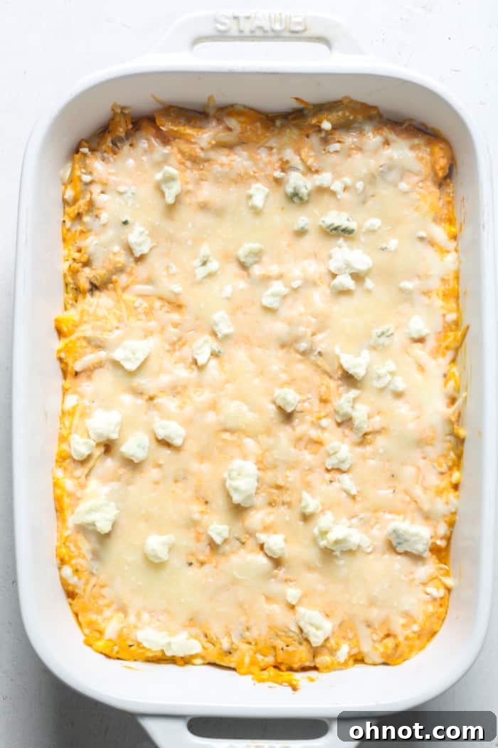 The baked low-carb dip, hot and bubbly from the oven, with a golden-brown cheese crust.