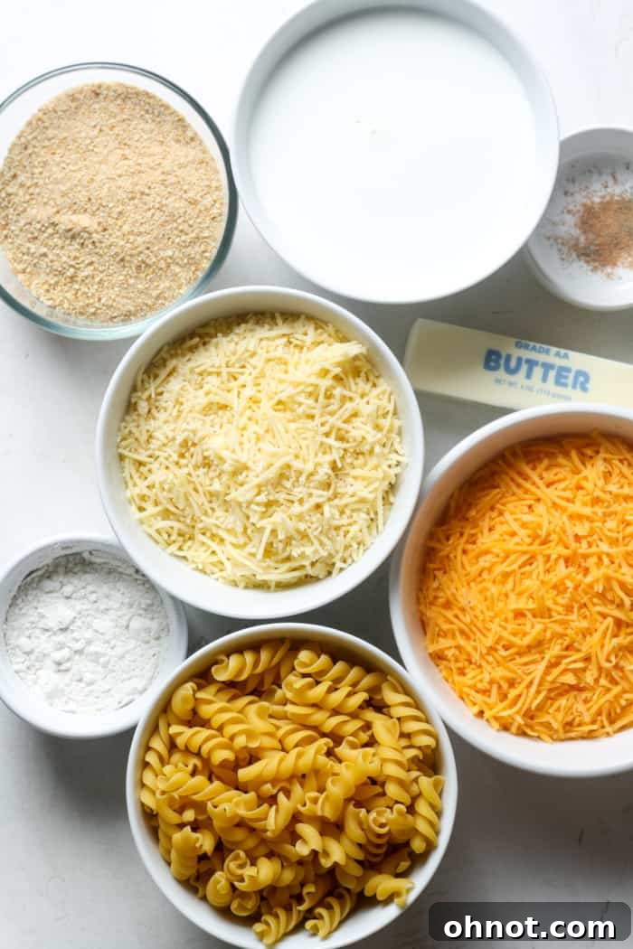 Various ingredients for gluten-free mac and cheese laid out: gluten-free pasta, blocks of cheese, milk, butter, and seasonings.