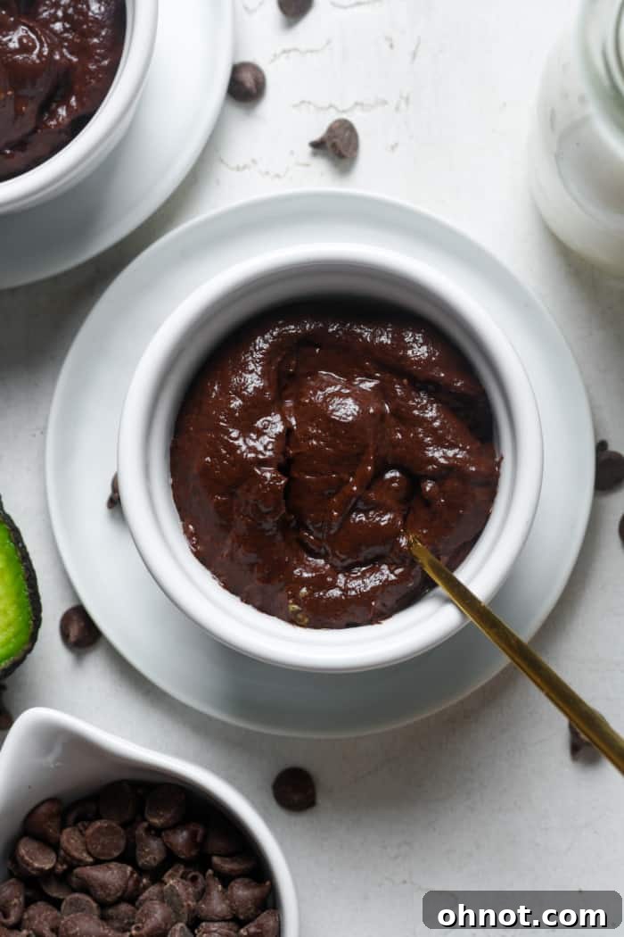 Avocado chocolate pudding, smooth and creamy dessert.