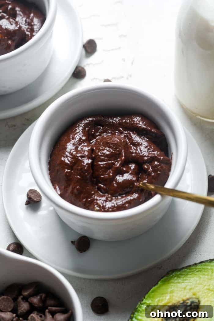 Creamy avocado chocolate pudding in a bowl, ready to eat.