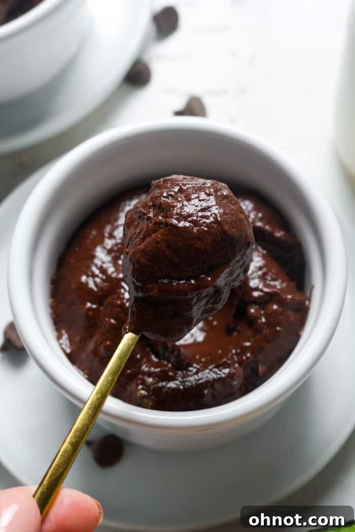 Close-up of creamy chocolate pudding with avocado in a bowl.