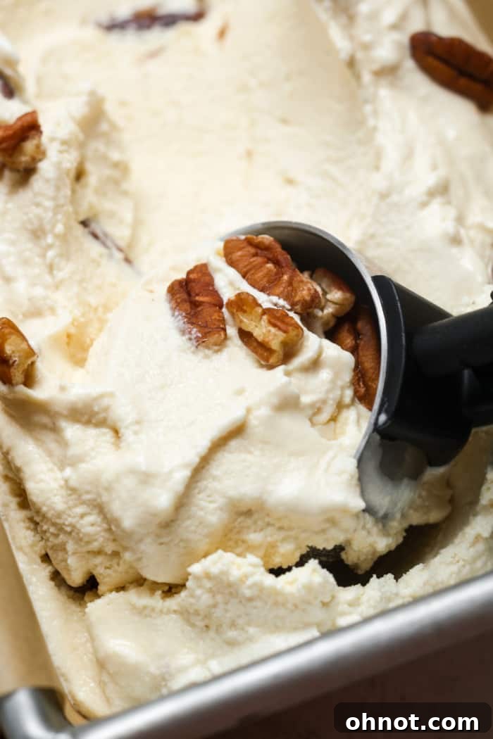 A scoop of butter pecan ice cream in a white bowl, garnished with more pecans.
