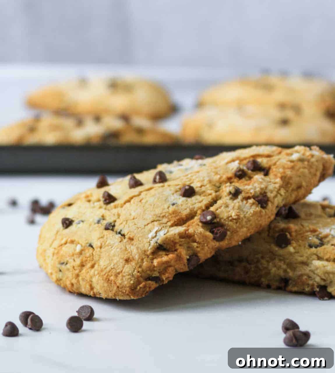 Two halves of a freshly baked chocolate chip scone showing the soft, fluffy interior and melted chocolate chips.