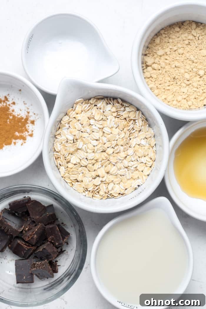 Ingredients for banana-free baked oats laid out.