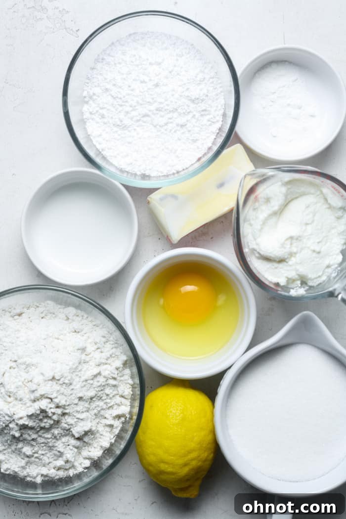 Arrangement of ingredients for lemon ricotta cookies including butter, sugar, lemon, ricotta, and flour.