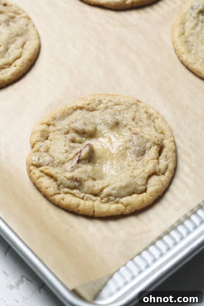 Freshly baked nut cookies cooling on a pan.