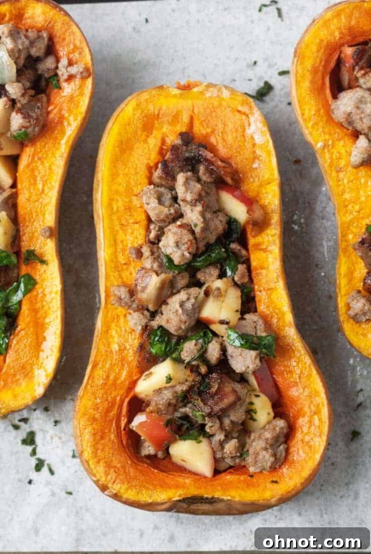 Stuffed butternut squash halves ready to be served