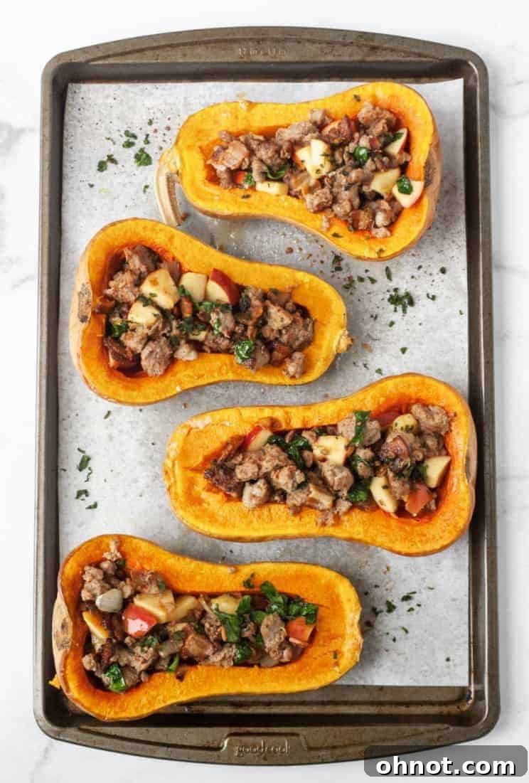 Close-up of a stuffed butternut squash ready to eat