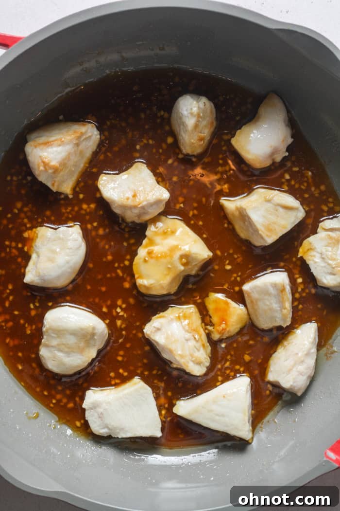 Chicken simmering in a rich, aromatic Asian garlic sauce.