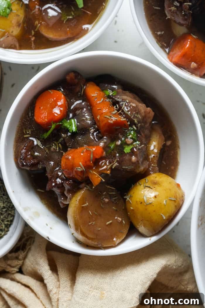 Bowls of rich and comforting oxtail stew ready to be served.